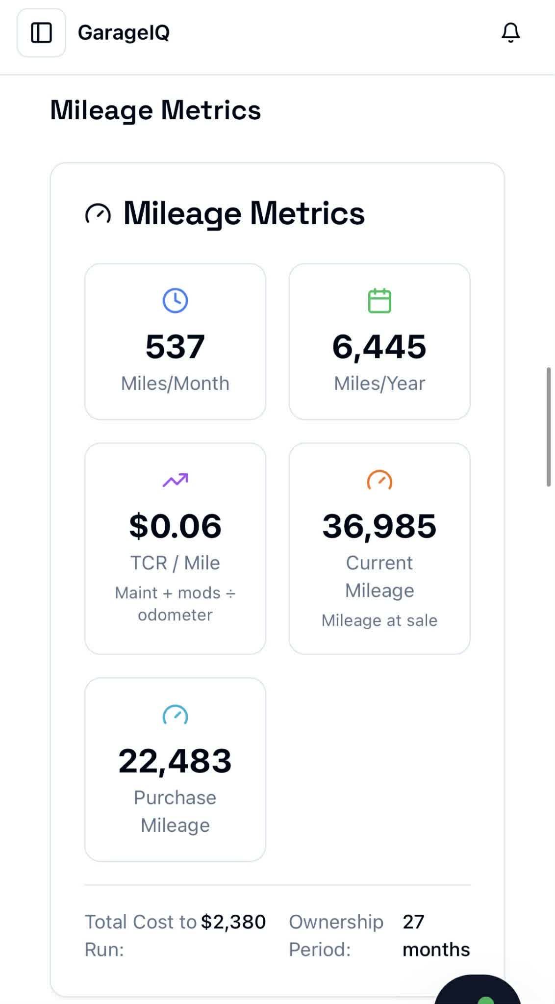 GarageIQ mileage metrics dashboard